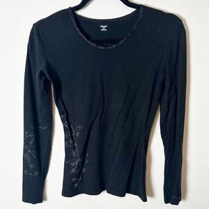 Chico's Black Long Sleeve Top with Subtle Floral Design